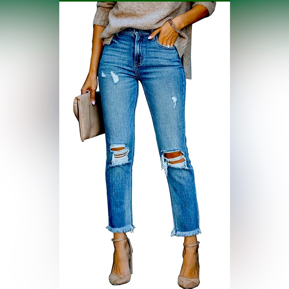 Distressed jeans stretch boyfriend mid-rise